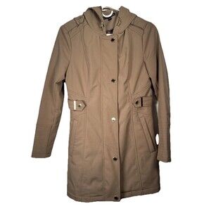 VIA SPIGA Hooded Raincoat Medium Weight Overcoat in Camel Tan Womens Size PXS